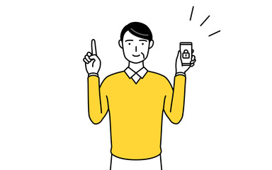 スマホのセキュリティ対策をする定年退職したシニア・中年男性