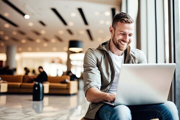 Cheerful and contented young Caucasian man sitting at desk and using laptop with a smile appears to be engaged and focused on his work. Generative AI