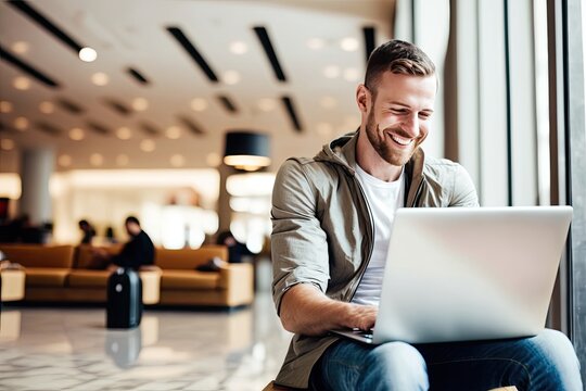 Cheerful And Contented Young Caucasian Man Sitting At Desk And Using Laptop With A Smile Appears To Be Engaged And Focused On His Work. Generative AI