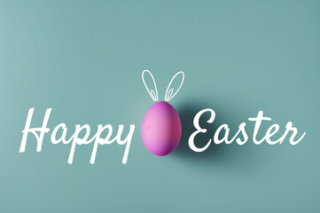 Happy Easter! Pastel-coloured Easter egg on a neutral background with writing. Space for text.