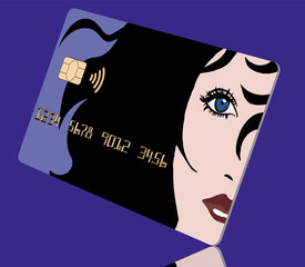 A woman's face decorates a credit card in this vector image.