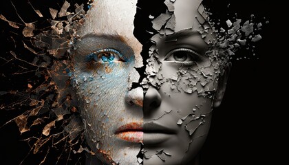 Divided female face for fragmentation face half, bipolar disorder concept woman with split dual personality and frequent change of mood. Woman split two half face crumbling small pieces, generative AI