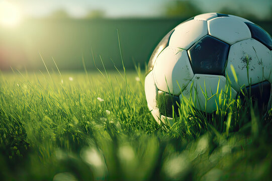 Traditional Soccer Ball on Green Field in Sunlight. Photo generative AI