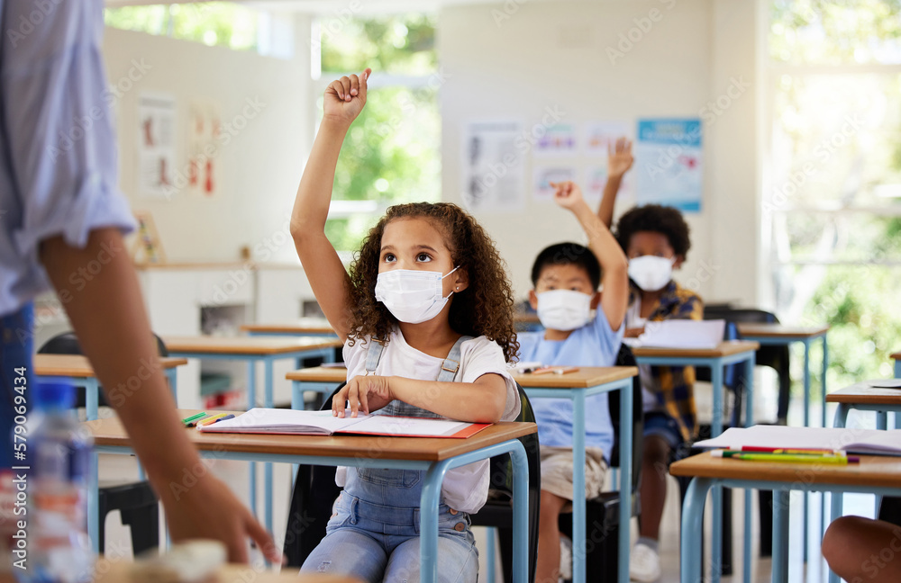 Sticker Covid, education and learning of eager, smart and clever children raising hands and wearing masks in a classroom. Teacher or educator asking questions for knowledge test at kids school in a pandemic.