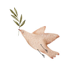 Bird in flight with a plant branch in its beak watercolor illustration, hand painted.