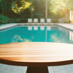 table in a hotel with a pool, product demonstration, ad, banner modern pool with lighting, modern wooden table, nice weather