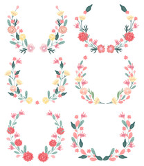 Bright floral wreaths on a white background. Blooming colored flowers as a symbol of happiness, joy, love. Spring wreaths are ideal for invitations, cards, banners, weddings. Vector illustration.