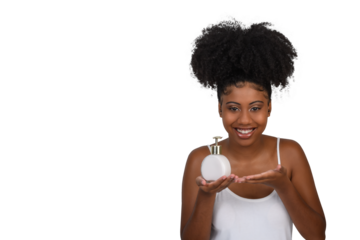 woman holding jar with cream smiling looking at camera