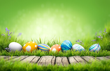 A collection of painted easter eggs celebrating a Happy Easter on a spring day with green grass...