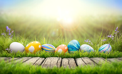 A collection of painted easter eggs celebrating a Happy Easter on a spring day with green grass...