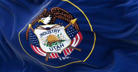 Detail of the Utah state flag fluttering in the wind