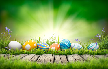 A collection of painted easter eggs celebrating a Happy Easter on a spring day with green grass meadow background with copy space and a rustic woodern bench to display products.