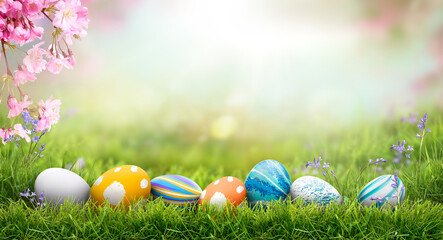 A collection of painted easter eggs celebrating a Happy Easter on a spring day with green grass meadow background with copy space.