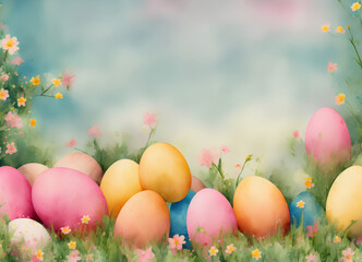 Easter theme - watercolor style illustration with dyed Easter eggs and flowers, for greeting cards, wallpaper, background, wrappers. Created with Generative AI
