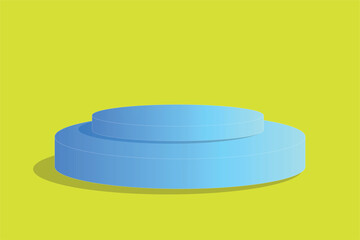 3d product display podium. Blue cylinder pedestal on yellow background. Empty showcase vector illustration.