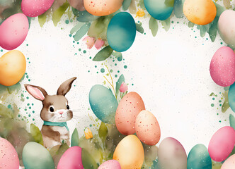 Easter theme - watercolor style illustration with dyed Easter eggs, Easter bunny and flowers, for greeting cards, wallpaper, background, wrappers. Created with Generative AI
