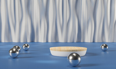 Podium with colorful pastel background and tree or leaf stand on advertising display. 3D rendering.