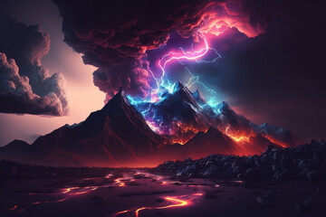 3Dレンダリング。光るネオンボルトのシンボル、嵐のような雲、稲妻、夜の岩山がある抽象的な風景背景GenerativeAI