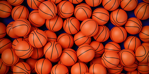 Basketball 3d background, 3d render 2023  of many orange basketball balls lying in an endless pile seen from the top