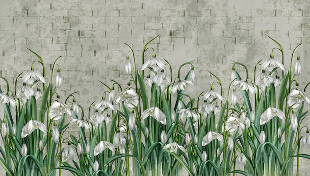
art painted snowdrops on the background of a textured brick wall, drawing in a pastel style, photo wallpaper