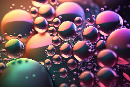 3Dレンダリング、気泡のある抽象的な背景、きらめく水滴のマクロ、水分補給のゼリー玉GenerativeAI