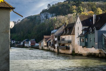 Naklejka premium Besançon, France: Feb 2023 Tourist Locations River, Historical Sites, Church, Buildings, Scenic views 