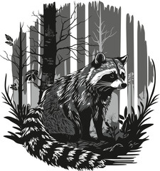 Raccoon on the edge of the forest. Monochrome drawing.
