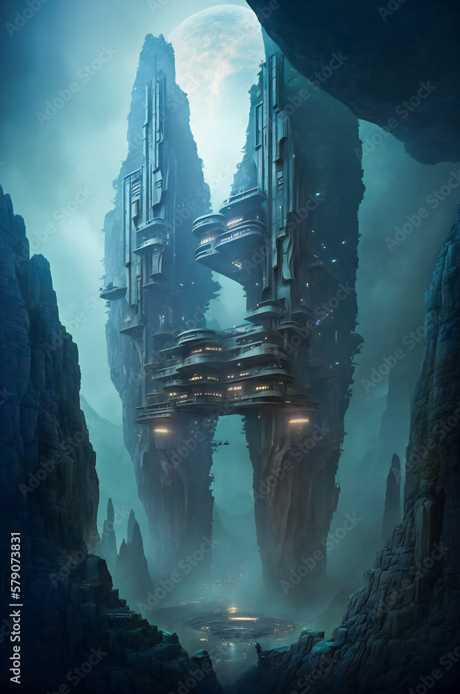 Poster futuristic or ancient structures on an alien planet. advanced alien technology. created with generat