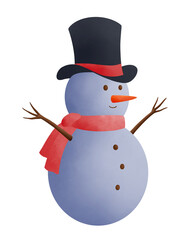 Cute cheerful snowman with top hat and scarf. Watercolor illustration