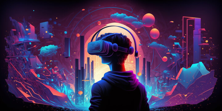 A teenager plays in a virtual world with advanced technology, while a chief engineer wears a VR headset, designing a complex ,Generative ai