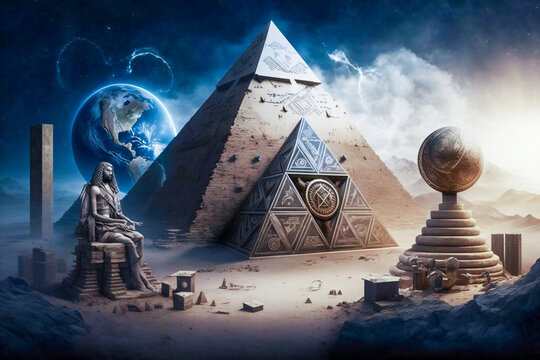 Pyramid with astrology and esoteric symbols on it. Esoteric, ancient wisdom or freemasonry concept composition. Created with Generative AI technology.