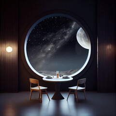 AI generated a room with a table and chairs prepared for a romantic dinner and where you can see the sky and the landscape through a round window
