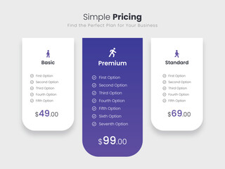 Modern pricing or subscription plan for website or app template, elements vector, basic, premium, standard simple pricing table