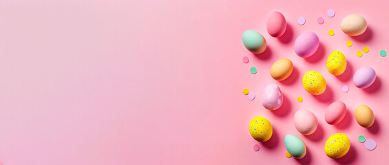 Easter eggs on a pink background. Multicolored eggs. Generative AI.