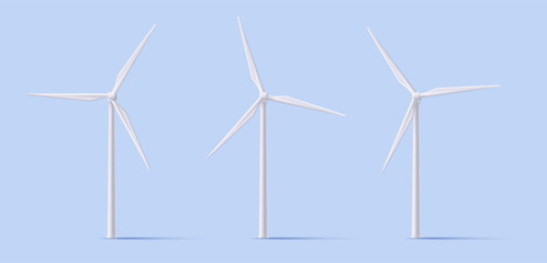 Wind turbine front and angle view. Alternative renewable power generation, green energy concept, isolated icons