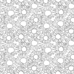Fototapeta premium Sunflower head flower seamless pattern for textile or surface. Black and white vector background