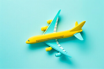 yellow blue plane. Flight plane, airplane trip to airport or airline transportation. Aerial flat illustration. Banner layout. Model aircraft, two wings. Generative AI