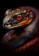 Fototapeta premium Dangerous poisonous snake with red eyes. Generated AI dark illustration of an exotic snake.