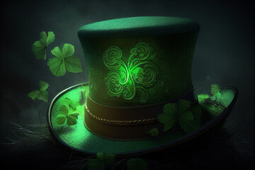 Irish St Patrick's day green leprechaun top hat with shamrocks and magical inner light