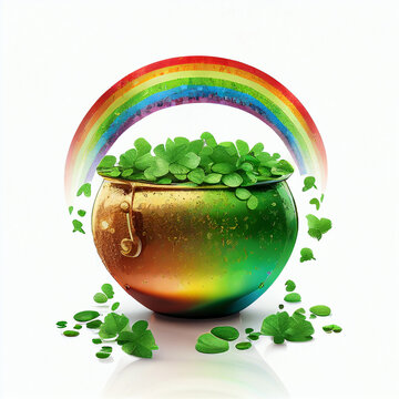 Irish pot of gold for St Patrick's day, shamrocks and rainbow, isolated on white background for text or additional images