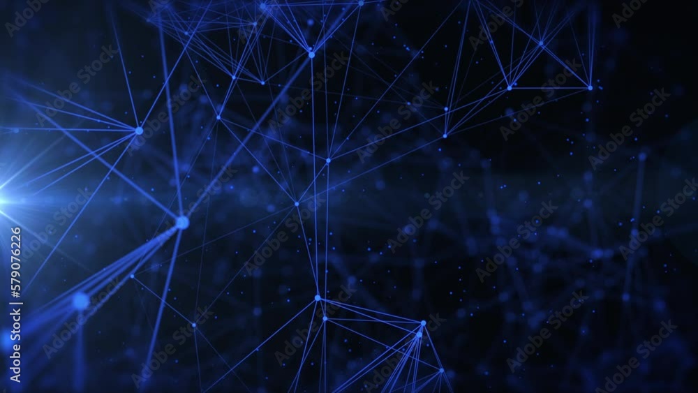 Aufkleber Abstract low polygonal blue cyberspace network connection flowing structure with horizontal flickering lens flare 4K motion background.