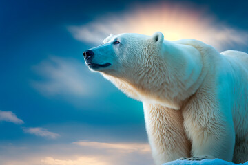 Obraz na płótnie Canvas A close-up of a polar bear in the Arctic at the North Pole in the sunlight on a polar day in the snow and ice. Generative AI