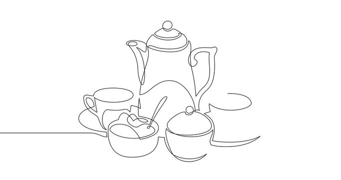 Animation of an image drawn with a continuous line. Tea set.