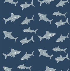 Fototapeta premium Abstract Hand Drawn Sharks Seamless Ocean Pattern Perfect for Allover Swimwear Fabric or Wrapping Paper Doodle Style Cute Fishes Vector Design Trendy Fashion Colors