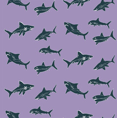 Abstract Hand Drawn Sharks Seamless Ocean Pattern Perfect for Allover Swimwear Fabric or Wrapping Paper Doodle Style Cute Fishes Vector Design Trendy Fashion Colors