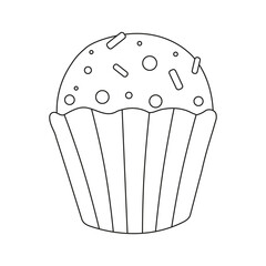 Cupcake with sweet sprinkles. Line art. Vector illustration.