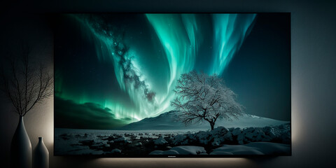 landscape in the Arctic at the North Pole among the snow on a background of colorful northern lights in the sky with stars, polar night, a natural phenomenon. Generative AI
