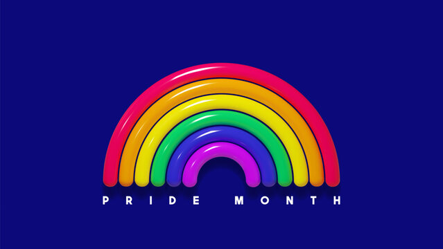 Holiday banner for Pride Month. 3d rainbow isolated on dark background for design of LGBTQ events. Symbol of Pride Month. Human rights and tolerance concept. Vector illustration. Love wins.