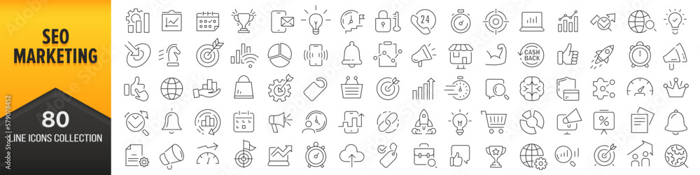 Poster Seo and marketing line icons collection. Big UI icon set in a flat design. Thin outline icons pack. Vector illustration EPS10