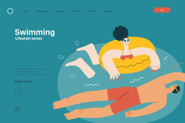 Fototapeta premium Lifestyle website template - Swimming - modern flat vector illustration of a man and a woman swimming in the pool. People activities concept